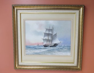 Pastel Of Two Mast Ship In Full Sail Signed A. Morrell
