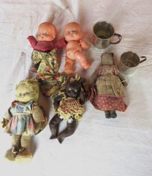 Lot Collectible Small Dolls And Two Nickel Silver Child's Mugs