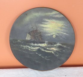 Ship's Oil Painting On Concave Wooden Plaque, Night Scene, Ship In Rough Sea