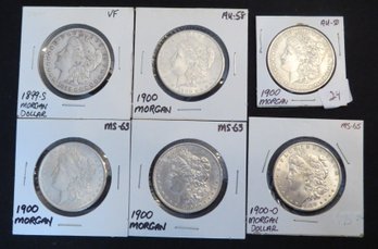 Lot 6 Morgan Silver Dollars - 1899S, 1900, 1900, 1900, 1900, 1900-O
