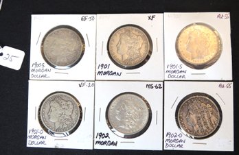 Lot 6 Morgan Silver Dollars - 1900S, 1901, 1901, 1901-O, 1902, 1902-O