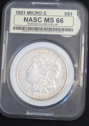 One Morgan Silver Dollar 1921 Micro S, NASC MS-66