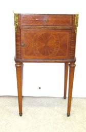 French Louis XVI Style Marble Top Bedside Table With Fruitwood And Mahogany Marquetry