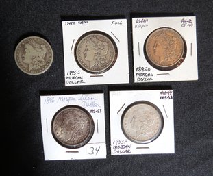 Five Morgan Silver Dollars, 1881-O, 1895-S F, 1895-O EF-40, 1896 MS-63, 1903-P MS-62