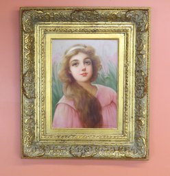 Oil On Canvas, Portrait Of Young Woman In Pink Dress, Signed G. Serrure
