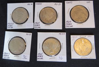 Six Peace Silver Dollars, 1923-D, 1924, 1924, 1924-S, 1926, 1925