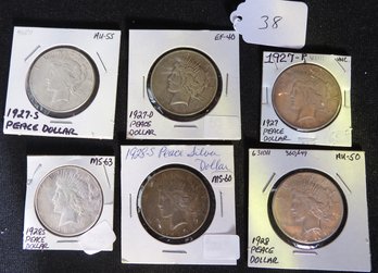 Six Peace Dollars1927-S, 1927-D, 1927, 1928-S, 1928-S, 1928
