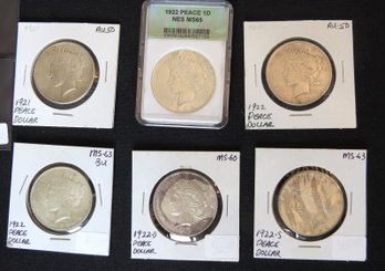 Six Peace Dollars, 1921, 1922, 1922, 1922, 1922-D, 1922-S