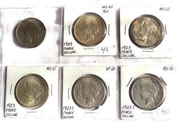Six Peace Dollars, 1922, 1923, 1923, 1923, 1923-S, 1923-S