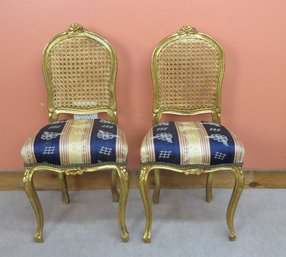Pair Louis XV Style Gold Gilt Cane-back Side Chairs With Cabriole Legs