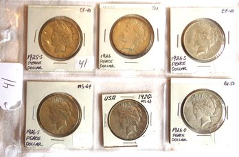 Six Peace Dollars, 1925-S, 1926, 1926-S, 1926-S, 1926-S, 1926-D