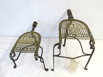 Two Brass And Wrought Iron Fireplace Trivets With Turned Wooden Handles