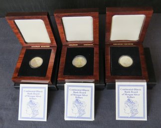 Three Mahogany Cased Continental-Illinois Bank Hoard Morgan Silver Dollars With Paperwork