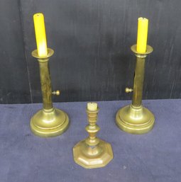 Pair Brass Hog Scraper Candle Sticks And One Odd Queen Ann Brass Stick 6 H.