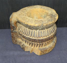 Early Carved Wooden Mortar With Carved Handle