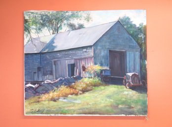 Large Oil On Canvas, Old Man In Front Of Barn