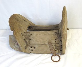 Foreign Wooden Saddle With Metal Fittings And Rope Stitching
