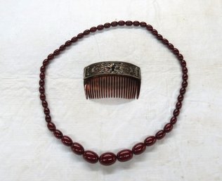 Graduated Set Amber Bead Necklace, Tortoise Shell Ladies Hair Comb