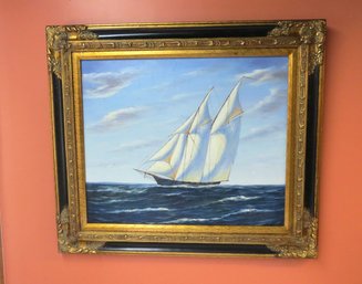 Signed Contemporary Oil On Canvas Two Mast Sailing Ship In Full Sail