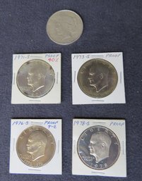 One Peace Dollar 1922-D, Four Eisenhower Dollars, 1971-S, 1973-S, 1976-S, 1978-S