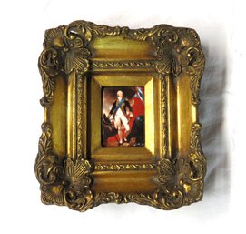 Small Enamel Painting Of Revolutionary Era Military Officer In Gold Leaf Frame
