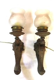 Pair Brass Early Electric Wall Sconces With Original Etched Shades