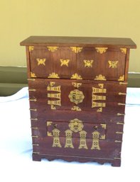 Chinese Brass Bound Wood Cabinet With Two Brass Fish Shaped Locks