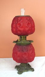 Red Satin Glass GWW Lamp Or Parlor Lamp With Embossed Hollyhock Pattern