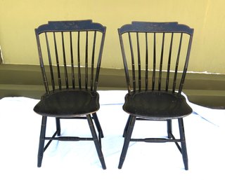 Pair Step Down Windsor Side Chairs With Old Black Paint