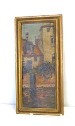 Oil On Artist Board, Stucco Homes Behind Wall And Gardens