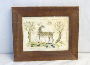 Small Silk 18th Cent. Needlework Of Deer Between Trees With Butterfly An Bird