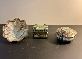 Three Small Asian Pcs - Bowl - Box - Covered Dresser Box