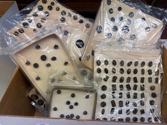 Box Lot Black Buttons, Metal And Composition, 25 Plus Sleeves