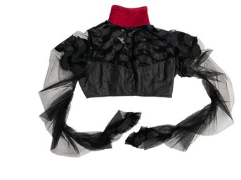 Antique Bodice With Red Velvet Collar, Sheer Black Sleeves, Lace