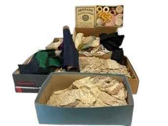 Lot Of Sewing, Darning, Fabric And Lace Scraps