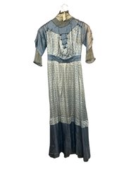 Antique Blue Dress With Lace Sleeves And High Neckline