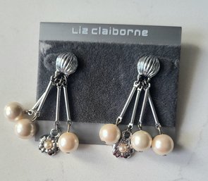 NEW 'LIZ CLAIBORNE' SILVERTONE WITH FAUX PEARL DROP PIERCED EARRINGS