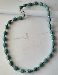 VINTAGE ARTS & CRAFTS ITALIAN BEADED NECKLACE--NEW OLD STOCK-TURQUOISE COLOR & GOLDTONE-23'L