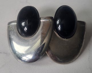 VINTAGE SILVERTONE WITH BLACK PIERCED EARRINGS