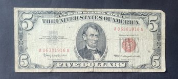 U.S. UNITED STATES NOTE--FIVE DOLLARS--RED SEAL--1963
