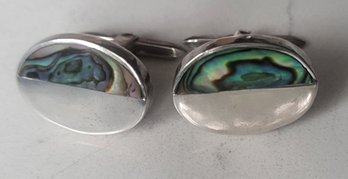 VINTAGE STERLING SILVER MARKED TAXCO 925 OVAL CUFF LINKS WITH ABALONE SHELL INLAY