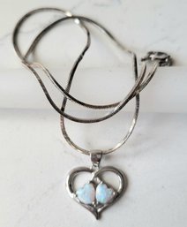 VINTAGE STERLING SILVER NECKLACE WITH HEART SHAPE PENDANT INLAID WITH LAB CREATED OPALS