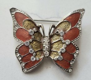 VINTAGE 'LIZ CLAIBORNE' BUTTERFLY BROOCH WITH ORANGE ENAMEL WINGS & CLEAR RHINESTONE ACCENTS