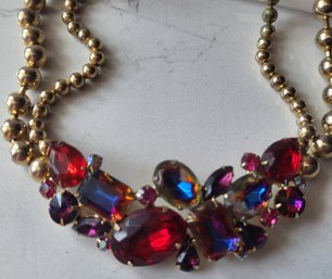 VINTAGE GOLDTONE DOUBLE STRAND ORNATE MULTICOLOR NECKLACE--16'L