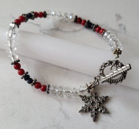 VINTAGE SILVERTONE BEADED BRACELET WITH SNOWFLAKE CHARM & TOGGLE CLOSURE- 8 1/2'L