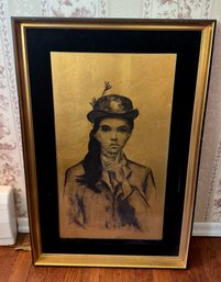 Vintage Mid-Century Framed  Seriograph Gold Leaf   W/Black Velvet -self Portrait 1 Of 2- Signed Alex S.