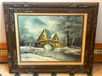 VINTAGE BRIDGE WINTER SCENE PAINTING-FRAMED-SIGNED