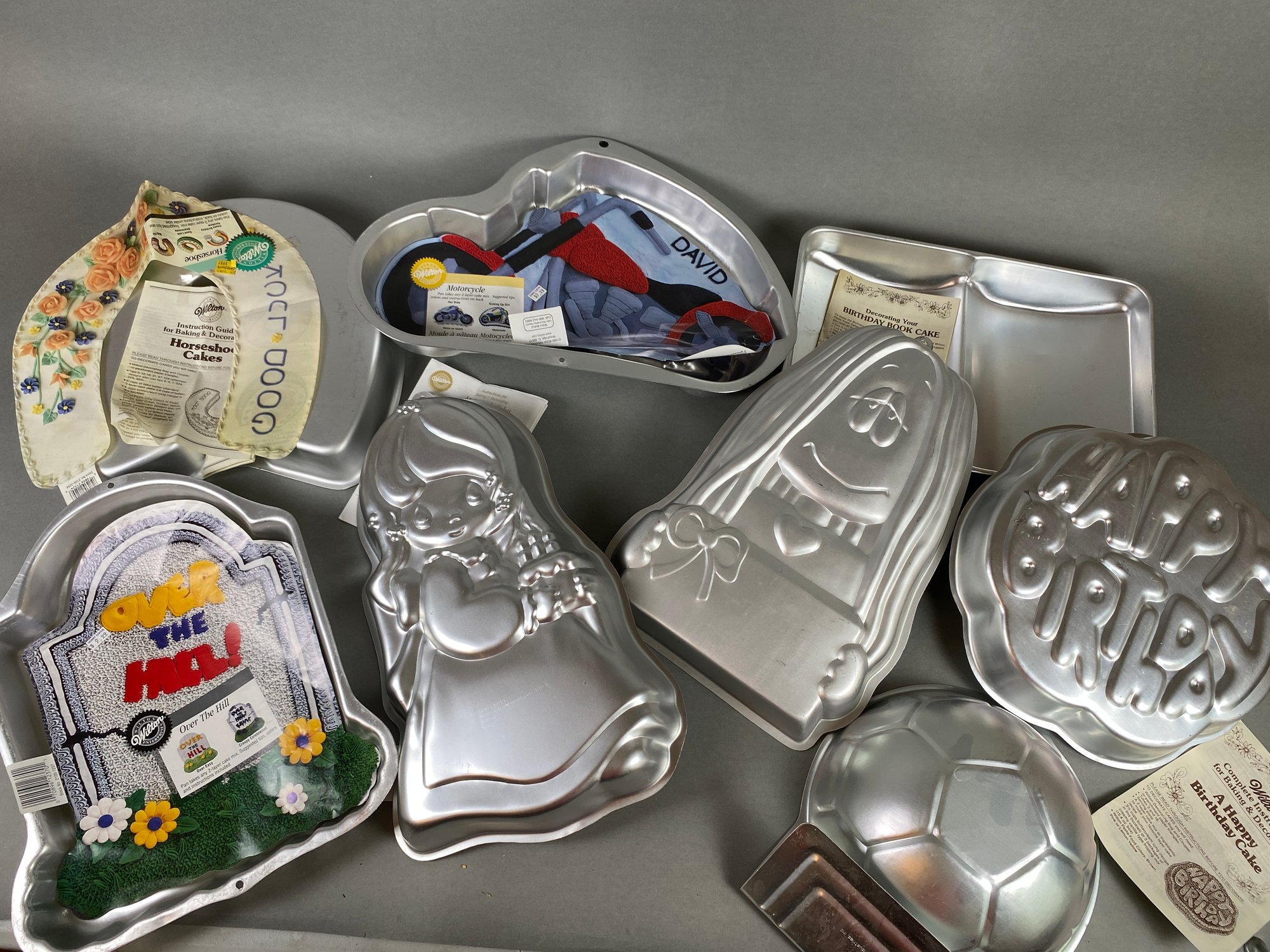 Large Assortment Of Wilton Birthday Cake Pans, Motorcycle, Soccer, Over