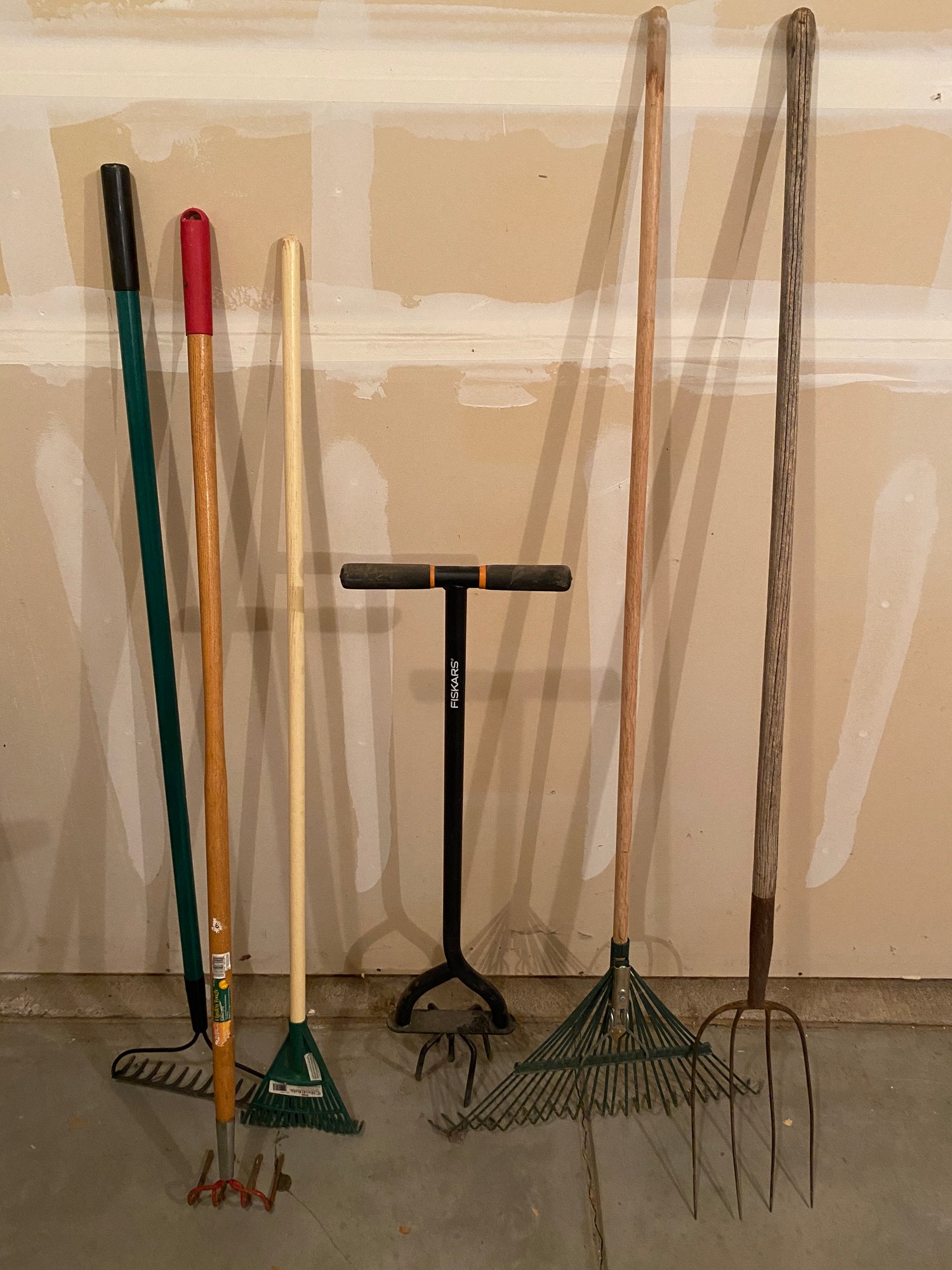 Miscellaneous Yard Landscaping Tools Including Multiple Rakes, A Hand ...