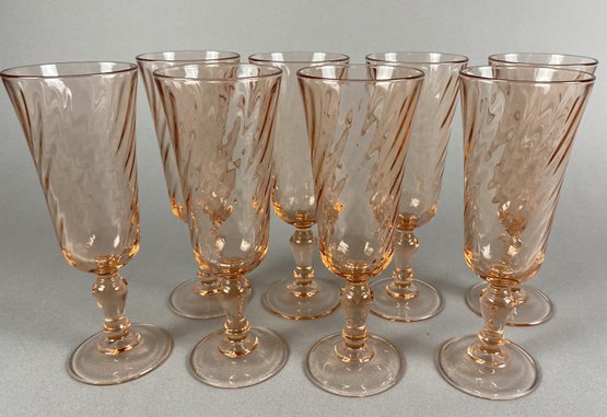 Vintage Set Of Eight Pink Glass Champagne Flutes Or Wine Glasses From France